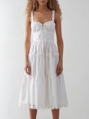 Anthropologie Delfi Collective White Cotton Tiered Midi Dress with Lace Trim